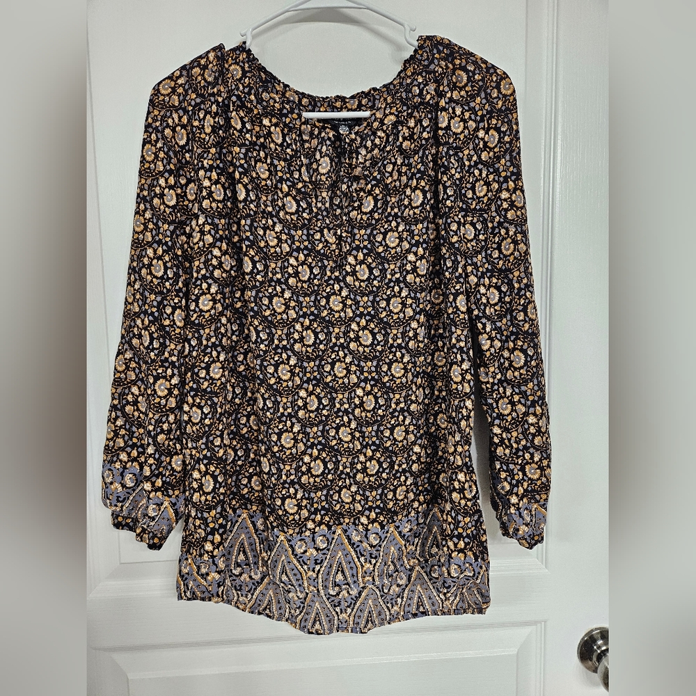 Lucky Brand medium floral boho black yellow 3/4 sleeve keyhole tassel Shirt